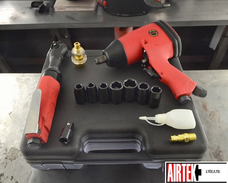 Collection of high-performance red Airtek air tools and accessories neatly organized in a black tool case, ready for industrial use.